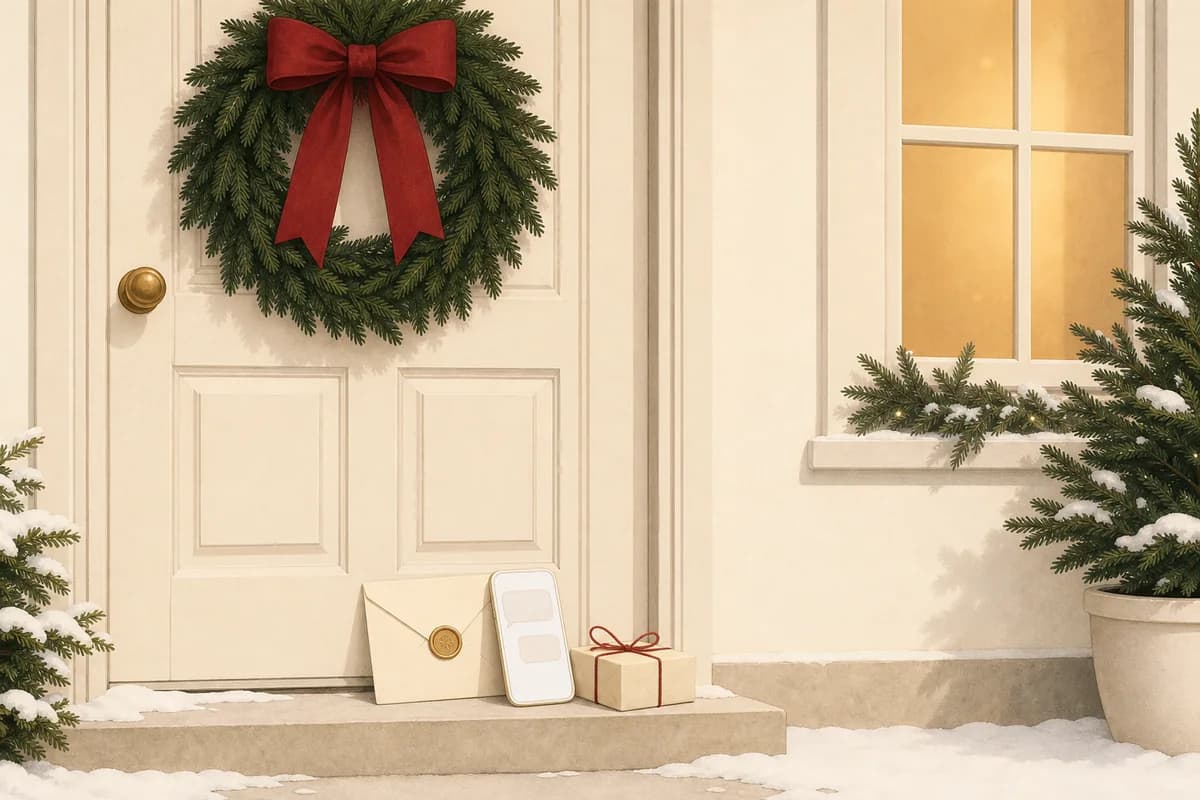 A front door with an evergreen wreath, and on the snowy step a cream envelope, a phone with two blank message bubbles and a small wrapped gift.