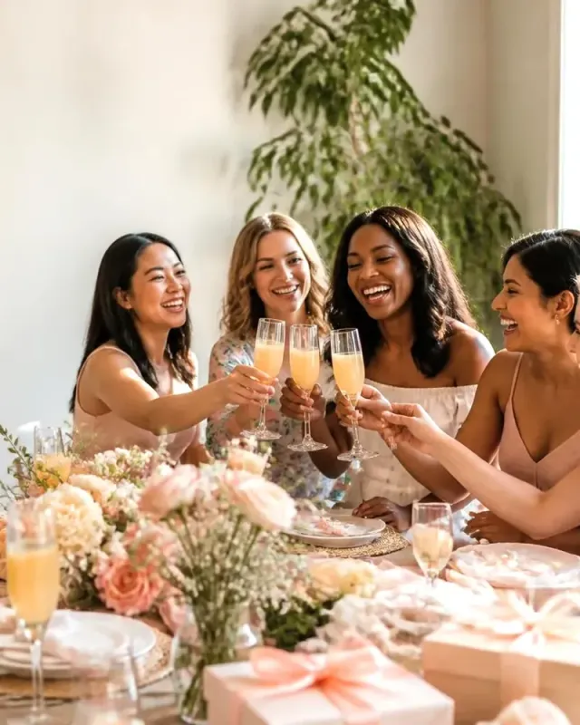 Friends raising glasses of juice and champagne at a bright bridal shower brunch