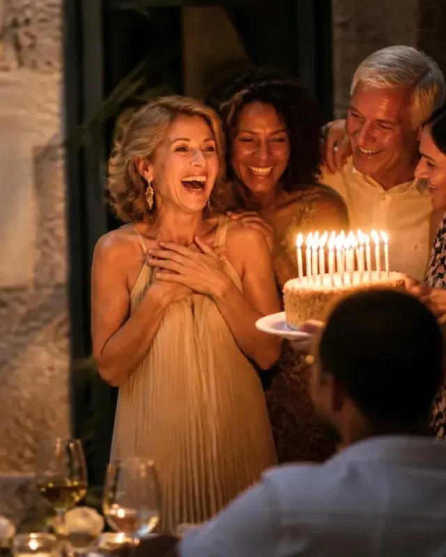 A woman laughing in delight as friends carry in a birthday cake glowing with candles