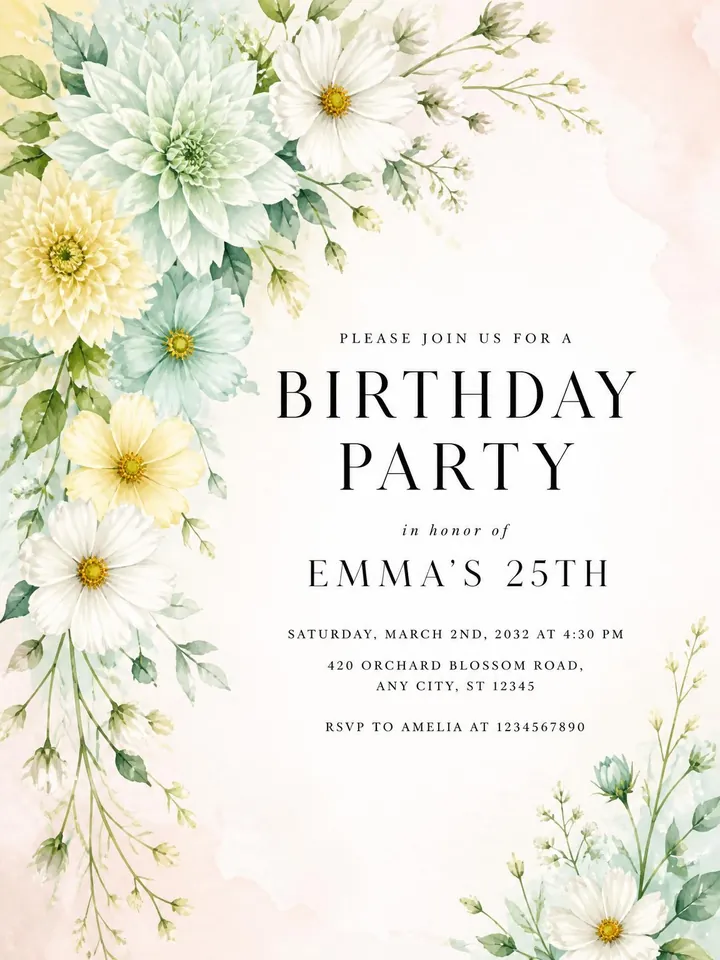 Emma’s 25th birthday party invitation: mint and butter-yellow watercolour flowers on soft blush with black lettering