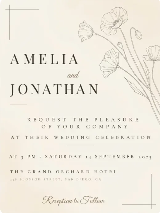 Cream wedding invitation for Amelia and Jonathan
