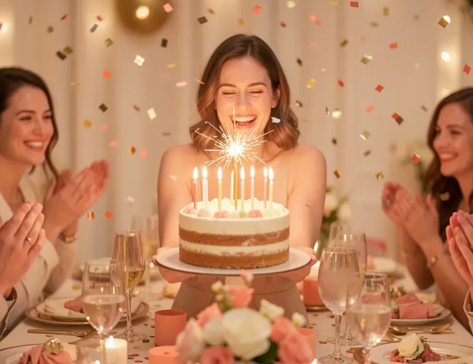 A woman laughing in surprise as friends bring out her birthday cake, a sparkler lit, confetti in the air
