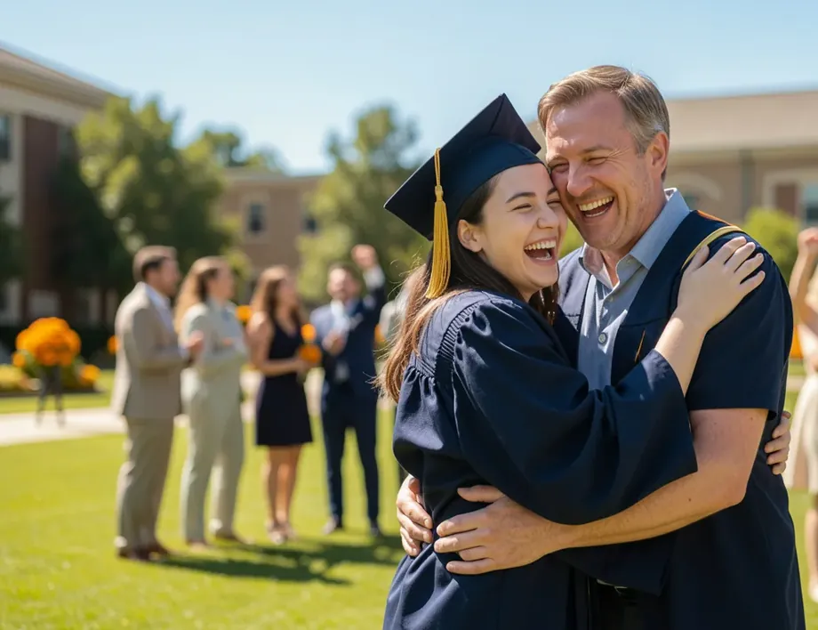 A graduate in a navy cap and gown laughing in her father’s hug on a sunny lawn